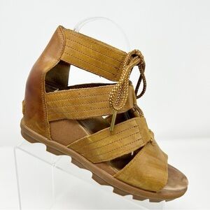 Sorel Joanie II Camel Brown Leather Lace Wedge Sandals Size 10 Summer Comfort